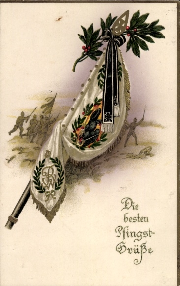 Embossed PC Happy Pentecost, flag, soldiers on the battlefield, WWI