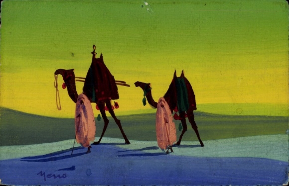Hand-painted Postcard Desert, Camels