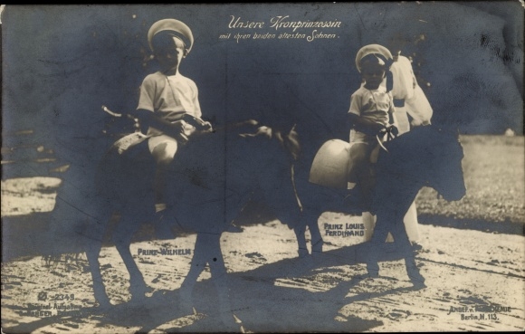 Postcard Crown Princess Cecilie of Prussia, Prince Wilhelm, Prince Louis Ferdinand, ponies
