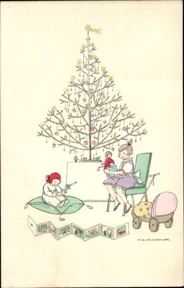 Artist PC Köhler, Mela, congratulations Christmas, children with dolls, Christmas tree, picture book