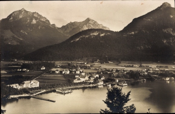 Postcard Bad Ischl in Upper Austria, mountain landscape, lake, village with houses, Strebl, Retten, Rinnkogel