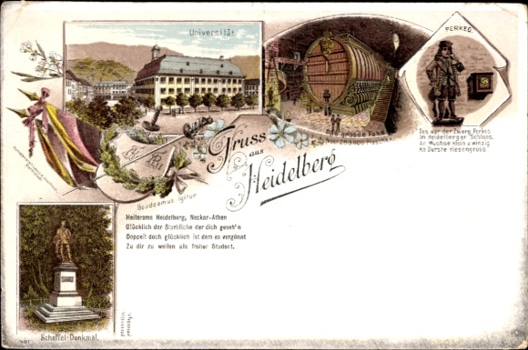Chromo-Litho Heidelberg am Neckar, Scheffel Monument, University, Barrel