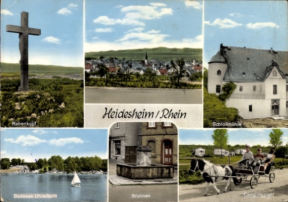 Postcard Heidesheim am Rhein, Rabenkopf, Heidesheim/Rhein, Schlossmühle, Uhlerborn bathing lake, fountain