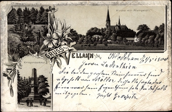 Chromo-Litho Vellahn in Mecklenburg, church, parish farmstead, war memorial, ducal spring