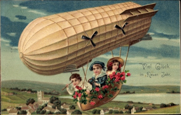 Chromo-Litho Happy New Year, airship, children, clover leaves