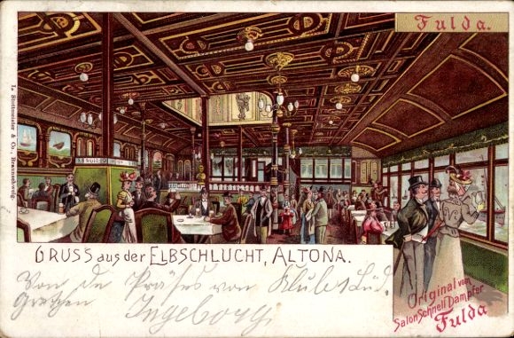 Chromo-Litho Hamburg Altona Ottensen, saloon steamer Fulda, interior view below deck, Elbschlucht Restaurant