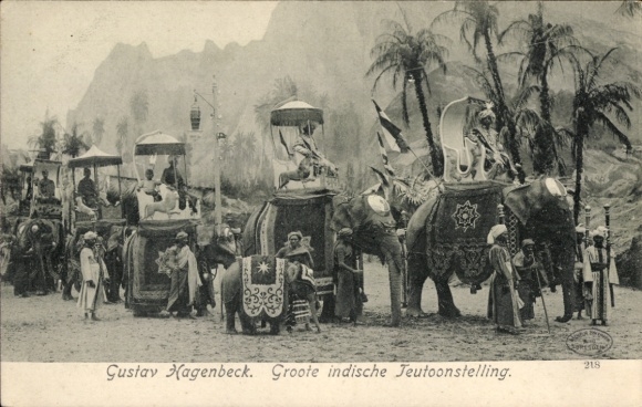 Ak Große indische Völkerschau, Gustav Hagenbeck, Edelleute auf Elefanten