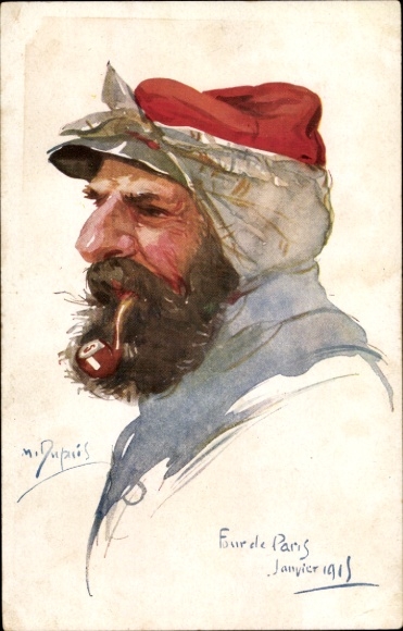 Kunstenaarskaart Dupois E., gewonde Franse soldaat, pijp, januari 1915