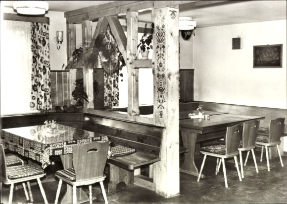 Postcard Bad Salzungen in Thuringia, cozy dining room, wood paneling, table with tablecloth, chairs