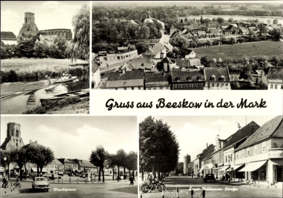 Ak Beeskow in der Mark, Gruss aus Beeskow in der Mark, Marktplatz, Crust Thälmann-Straße, Boot...