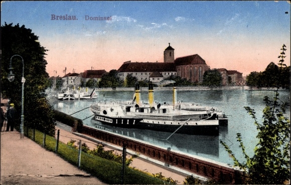 Ak Wrocław Breslau Schlesien, Sandinsel, Dampfer auf der Oder, Wyspa Piasek