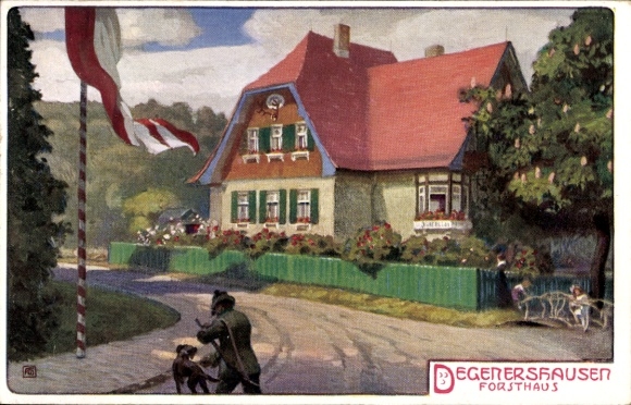 Kunstenaar Ak Degenershausen Falkenstein Harz, boswachtershuis, jager met jachthond