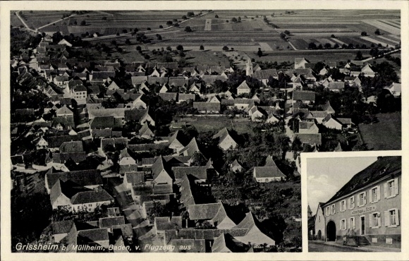 Postcard Grißheim Neuenburg am Rhein Baden, aerial photograph, Gasth. zum Adler