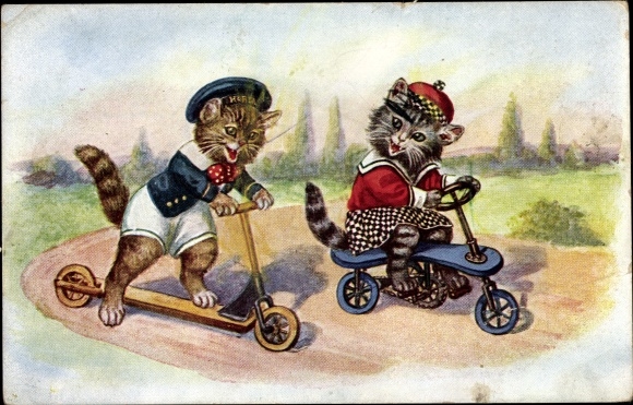 Künstler Ak, Katzen, Roller, Dreirad, Matrosenanzug