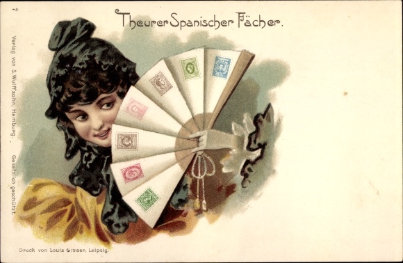 Stamps Chromo-Litho of expensive Spanish fan, young woman, portrait