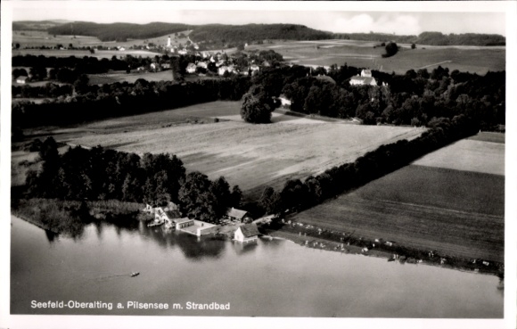 Postcard Seefeld in Upper Bavaria, aerial photograph, Pilsensee beach