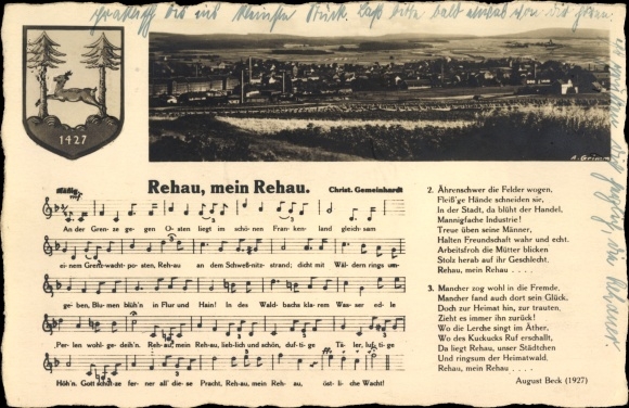 Song Ak Rehau ur. Selb w Bawarii, widok na miasto, pieśń Augusta Becka, herb