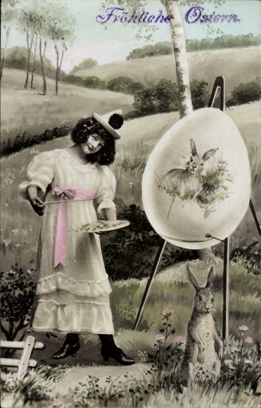 Ak Glückwunsch Ostern, Malerin, Osterei, Osterhase
