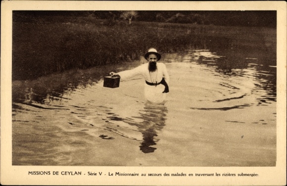 Postcard Missions of Ceylon, Series V, The Missionary helping the sick while crossing the rice fields