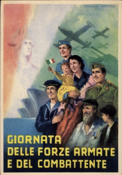 Künstler Ak Giovanni Sirchia, Italien, Tag der Streitkräfte u. der Kämpfer, Flugzeuge, Kriegsschiffe