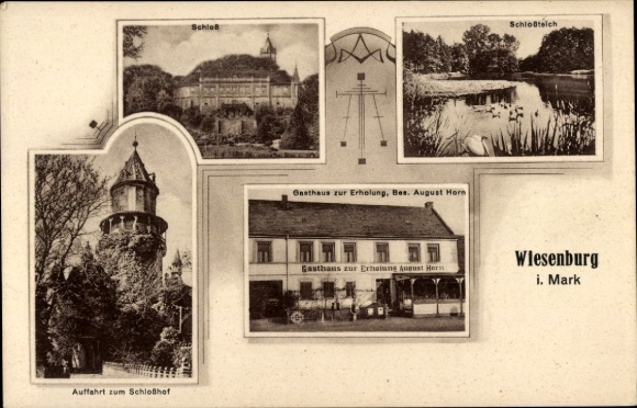 Ak Wiesenburg in der Mark, herberg voor ontspanning, eigendom van August Horn, kasteelvijver, kasteel