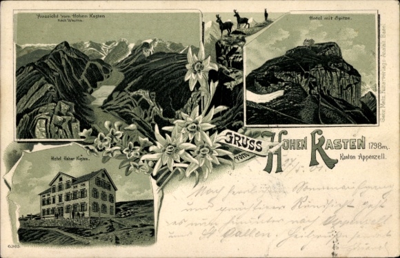 Litho Appenzell Innerrhoden, Hoher Kasten, Hotel, Gipfel, Panorama, Edelweiß