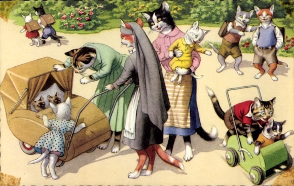 Ak Vermenschlichte Katzen, Spielzeug, Kinderwagen, Park