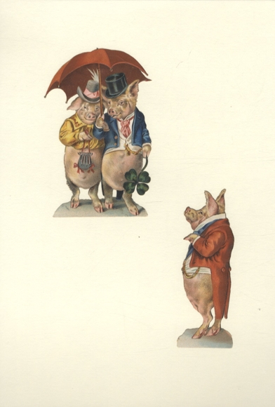 2 Oblaten Schweine in menschlicher Kleidung, Kleeblatt, Schirm,  ca. 12,5 x 7,5 cm u. 11,5 x 4 cm