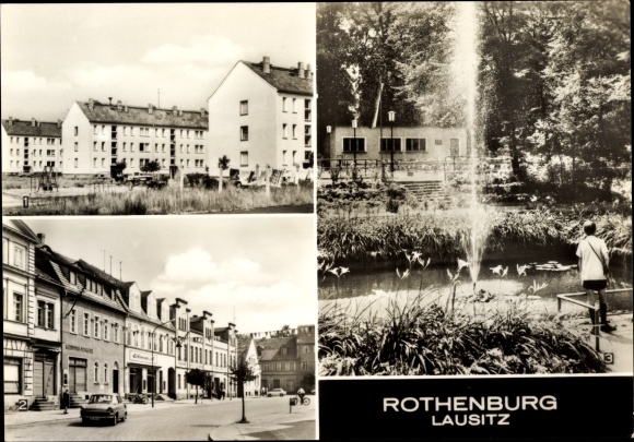 PC Rothenburg in Oberlausitz, new buildings, Karl-Marx-Platz, nature reserve, fountain