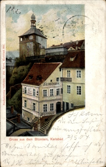 Postcard Karlsbad in Baden, historical building with inscription 'DEINSCHANK', view of the town