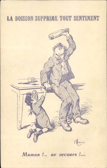 Artist Postcard Maurice, E., Drunk man threatens little girl with beer bottle