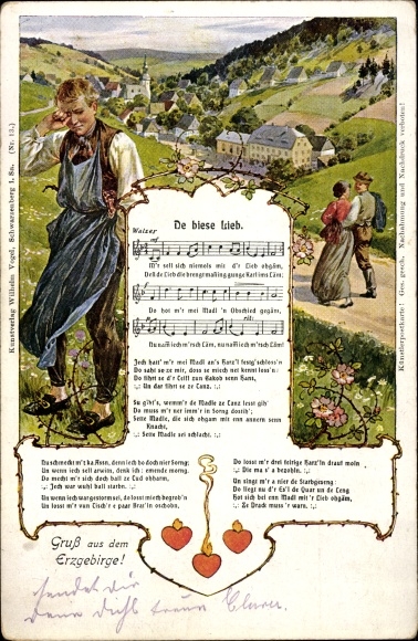 Song Postcard De biese Lieb, Erzgebirge, publisher Wilhelm Vogel No. 13, crying man, lovers