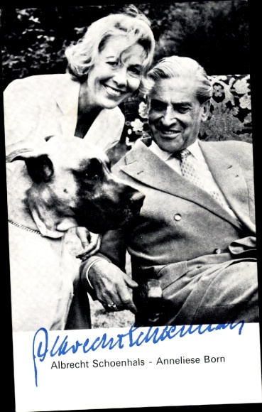Postcard actor Albrecht Schoenhals, actress Anneliese Born, Great Dane, portrait, autograph