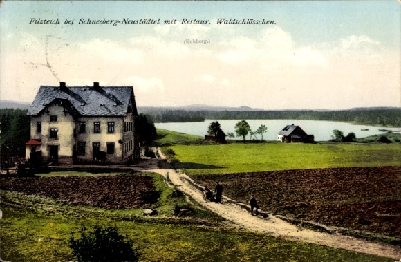 Ak Neustädtel Schneeberg im Erzgebirge, Bergsee Filzteich, Restaurant Waldschlösschen