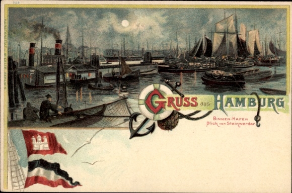 Moonlight coat of arms litho Hamburg, inland port, view from Steinwerder