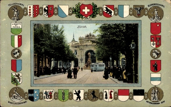 Wytłoczony herb passepartout pocztówka Zurych miasto Szwajcaria, scena uliczna, tramwaj