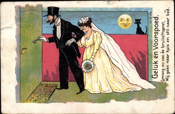 Postcard congratulations wedding, newlyweds on the doorstep