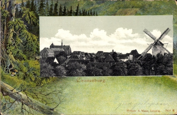 Passepartout Postcard Kranenburg on the Lower Rhine, general view, windmill