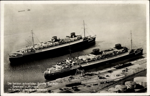 Postcard Steamer Bremen, Steamer Europa, Norddeutscher Lloyd Bremen, Bremerhaven, Columbuskaje