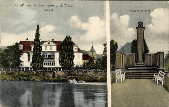 Postcard Veckerhagen Reinhardshagen an der Weser Hesse, castle, war memorial