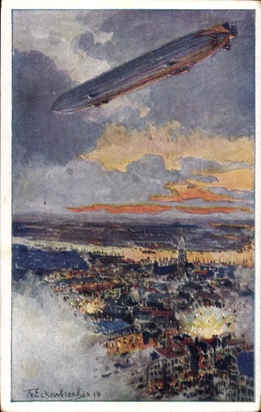Kunstenaarskaart van Eckenbrecher, Themistocles, Zeppelin boven Antwerpen, slag, WOI