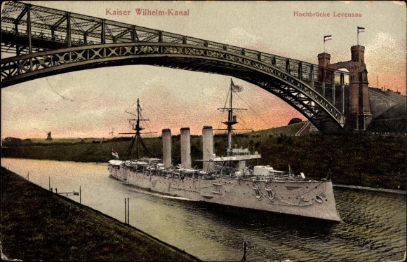 Postcard Levensau Neuwittenbek in Schleswig Holstein, Kaiser Wilhelm Canal, high bridge, warship