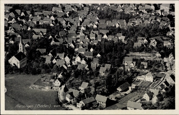 Postcard Menzingen Kraichtal in Baden, aerial view of Menzingen, many roofs, church visible