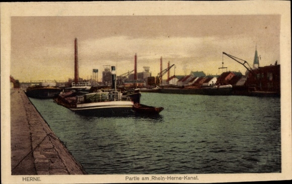 Postcard Herne in the Ruhr area, Rhine Herne Canal, port facilities, barge