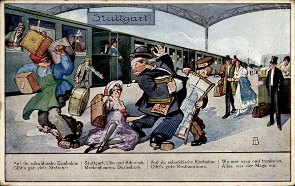 Artist Postcard Boettcher, Hans, On the Swabian Railway, Travelers, Train Station