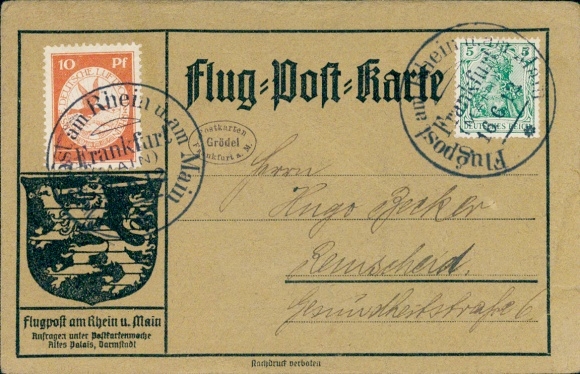 Flugpost Rhein-Main Nr. I Sonderstempel "Frankfurt" Bedarf, 16.06.1912