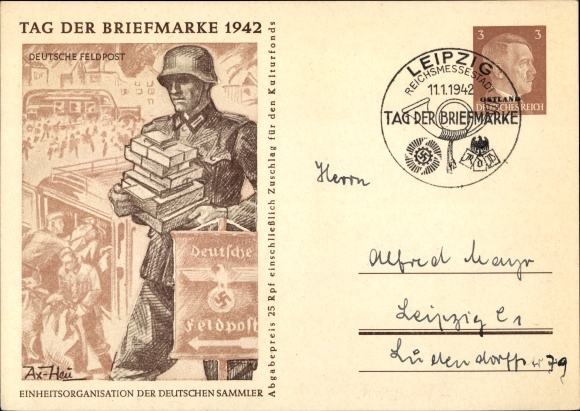 Ganzsachen Ak Axster Heudtlaß, Tag der Briefmarke 1942, Soldat mit Päckchen und Briefen