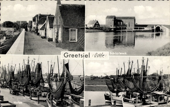 Postcard Greetsiel Krummhörn in East Frisia, pumping station, harbour, settlement