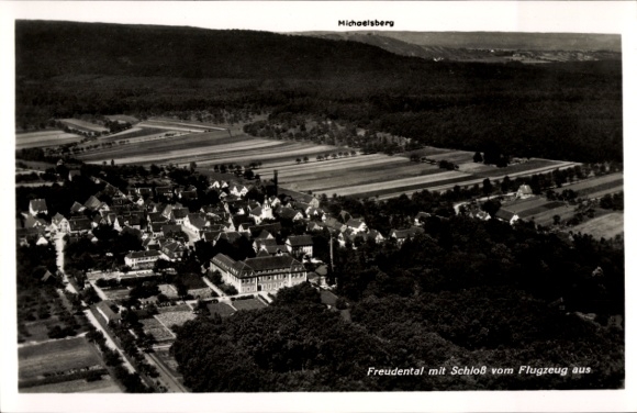 Postcard Freudental in Württemberg, aerial view of the castle, surrounding fields and buildings