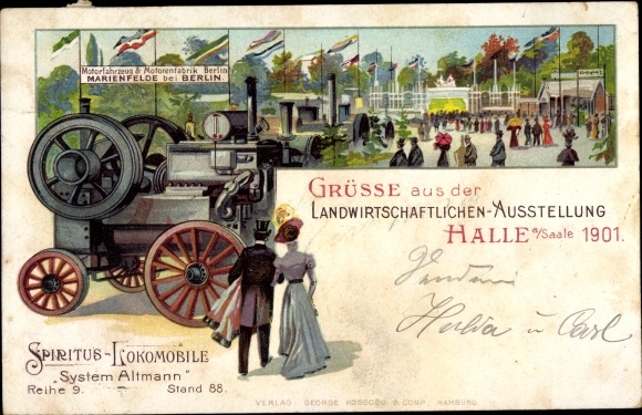 litho Halle an der Saale, Landbouwtentoonstelling 1901, Spirit Lokomobile, Altmann-systeem